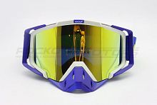 Мотоочки кроссовые ROCKOT (Рокот) RM - 323 (белый - синий/золотистая, REVO Light, Anti - Scratch/Anti - Fog)